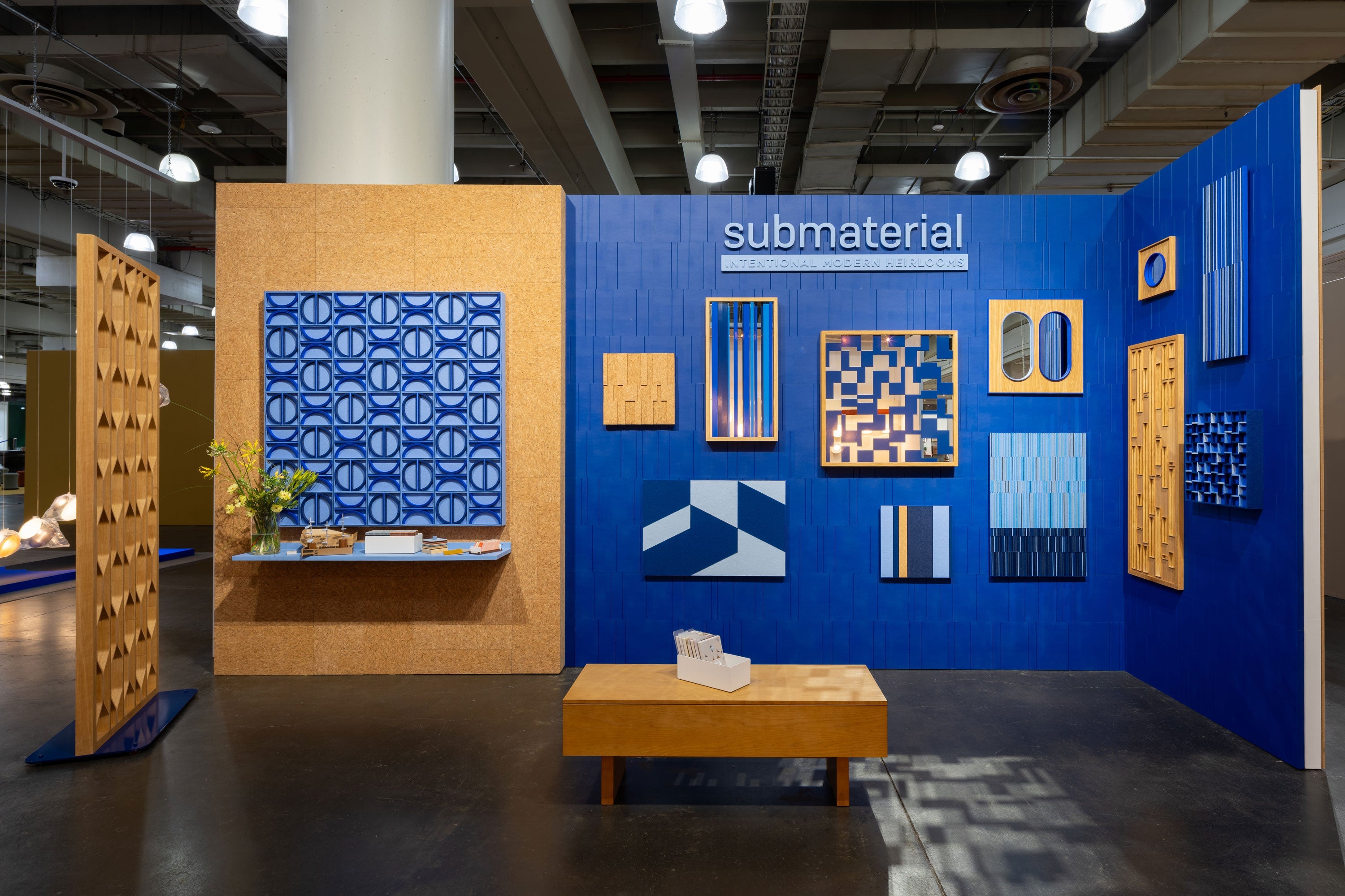 a trade show booth in various tones of blue and tan