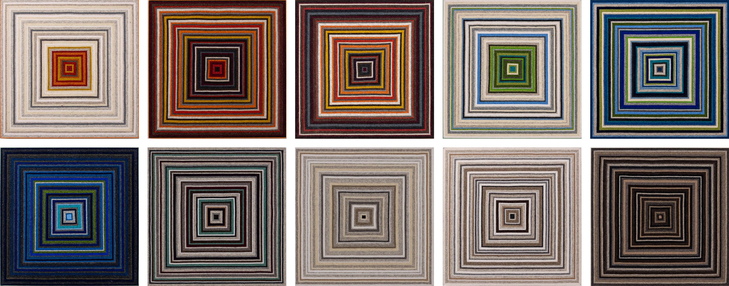 Grid of small square felt wall art with concentric squares in different color schemes