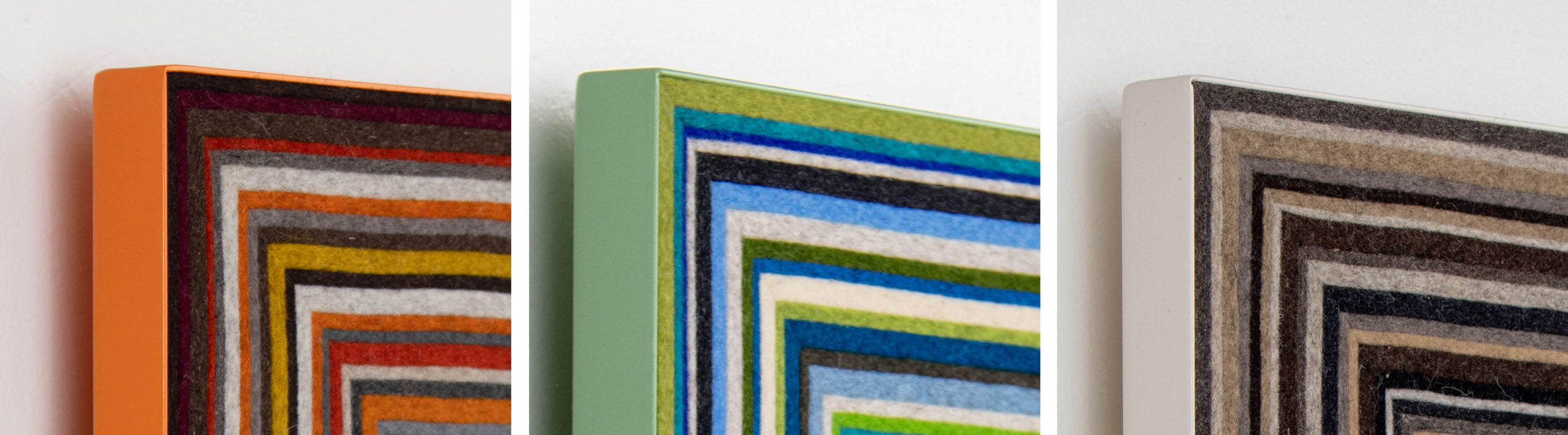 Three colorful metal frames with colorful felt lines in each frame on a white background