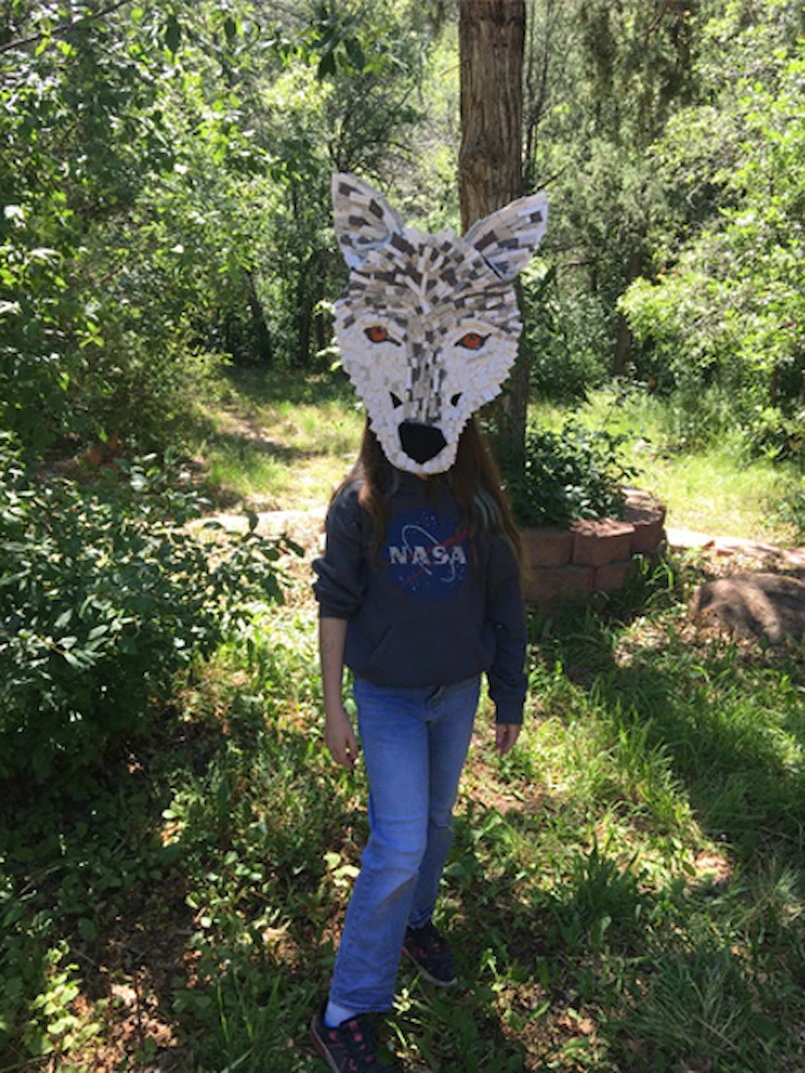 A child with long brown hair stands in a wooded area. They are wearing a large wolf mask made of white and gray felt pieces.