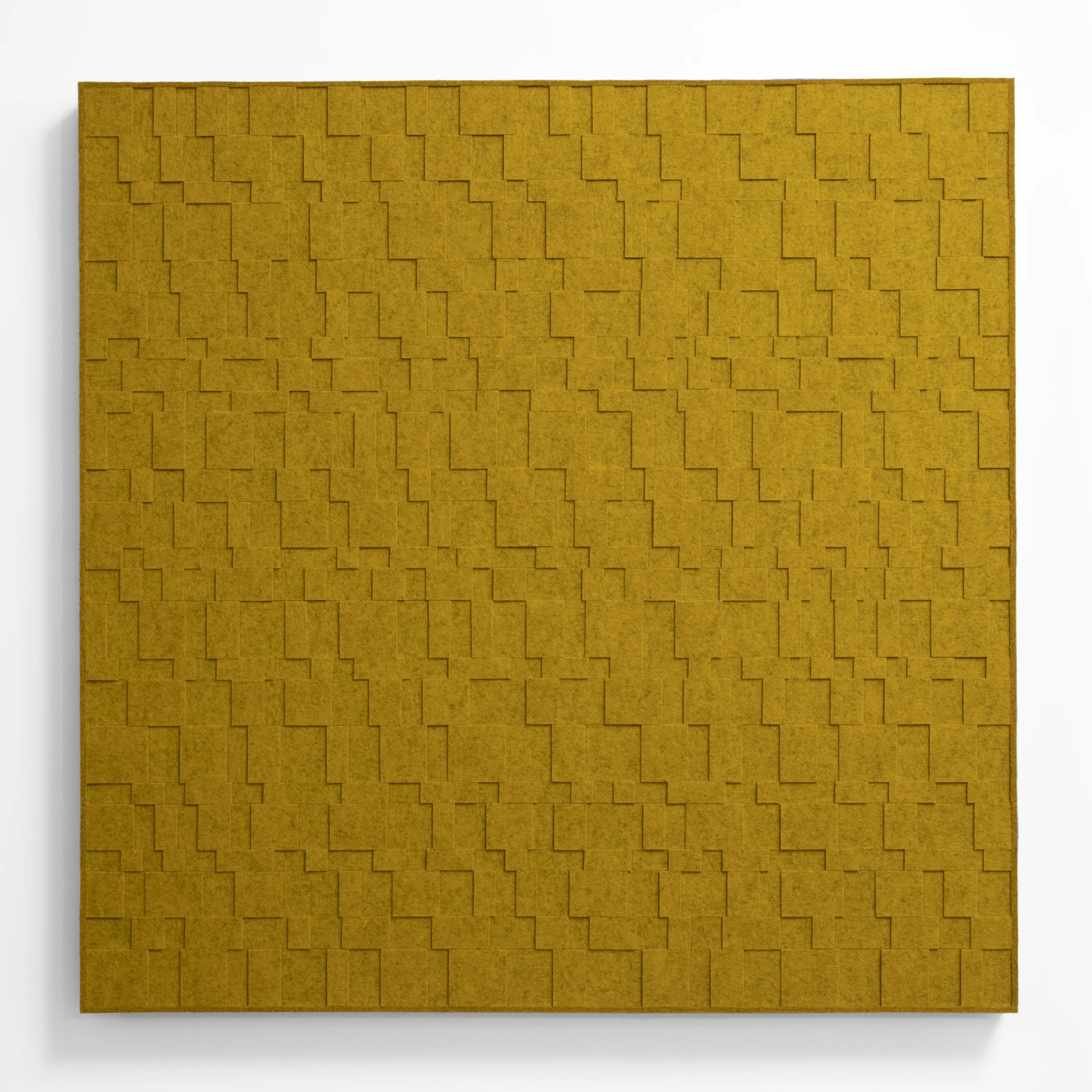 An Aerial wall panel. A square wall art piece of heathered mustard felt in various sizes and layers.