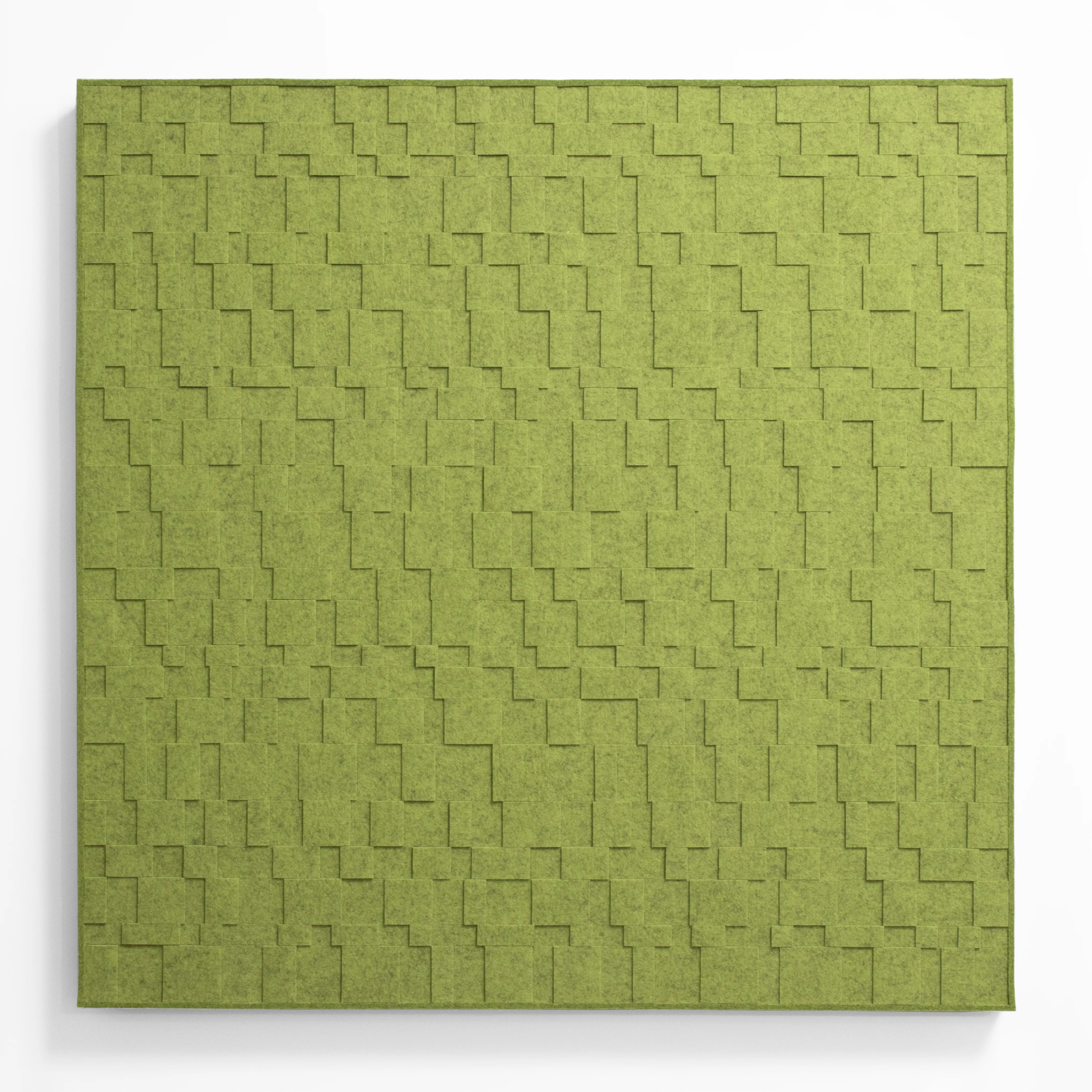 An Aerial wall panel. A square wall art piece of heathered lime green felt in various sizes and layers.