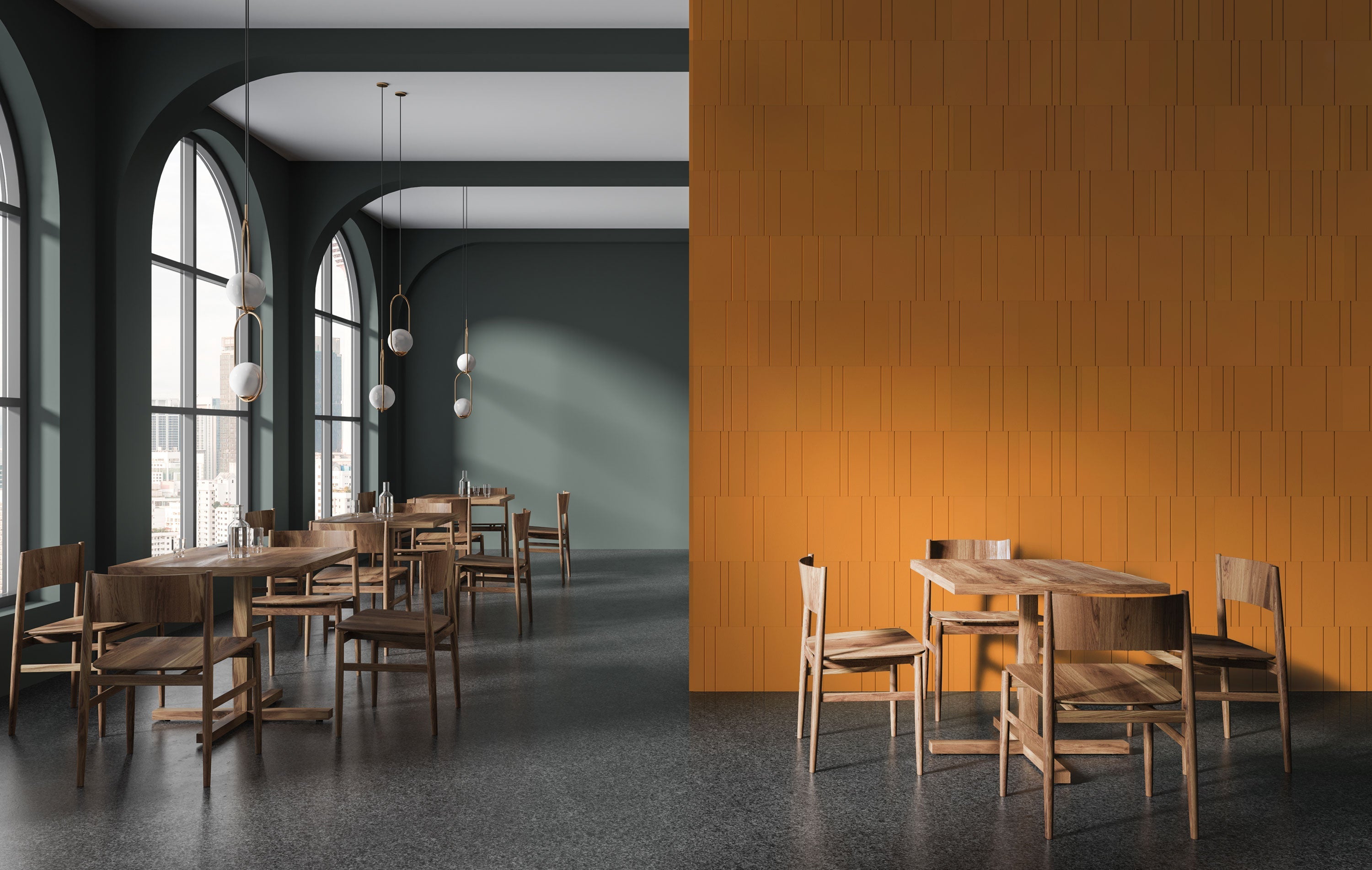 a restaurant space with a mustard yellow decorative wall and wooden tables