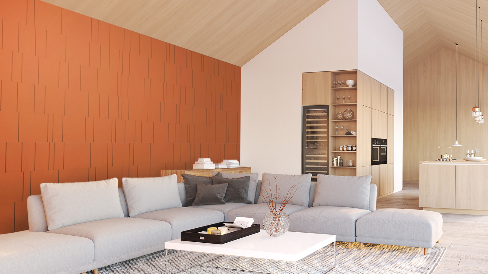Modern living room with a fireplace, white sofa, and wooden walls.