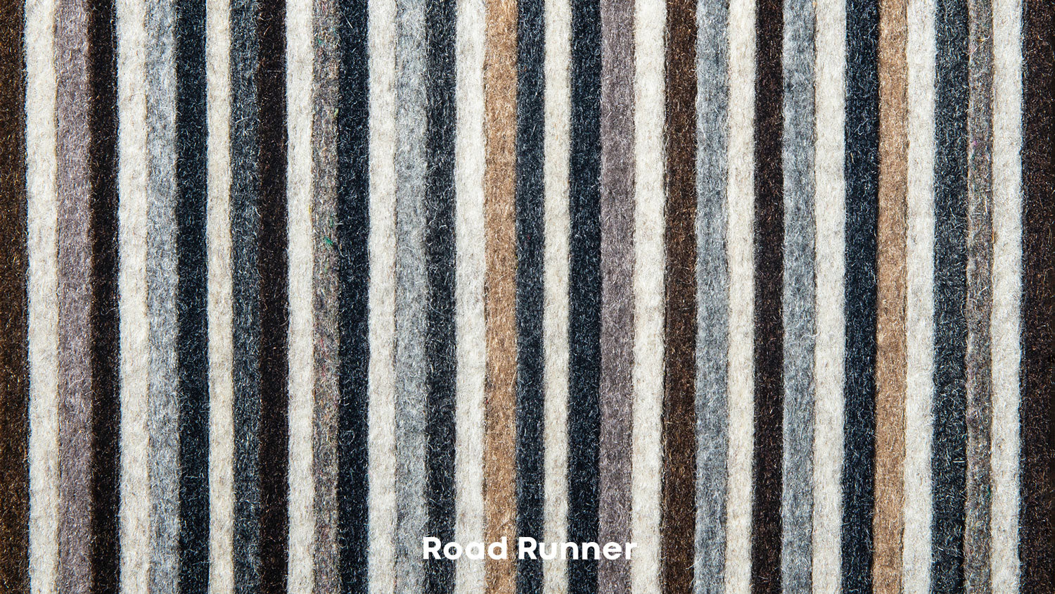 Textured fabric with vertical stripes in brown, black, and gray, labeled 'Road Runner'.