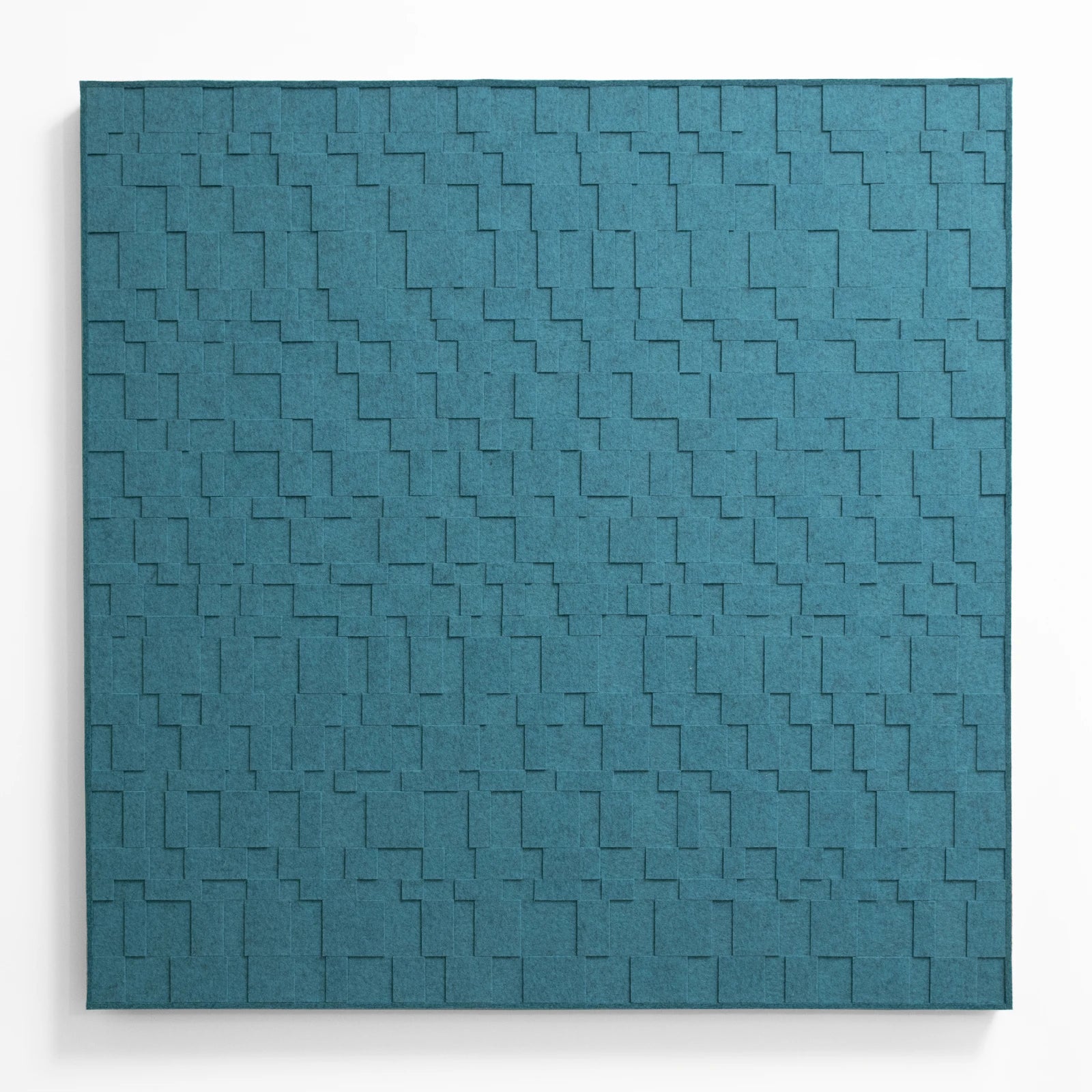 An Aerial wall panel. A square wall art piece of turquoise felt in various sizes and layers. 