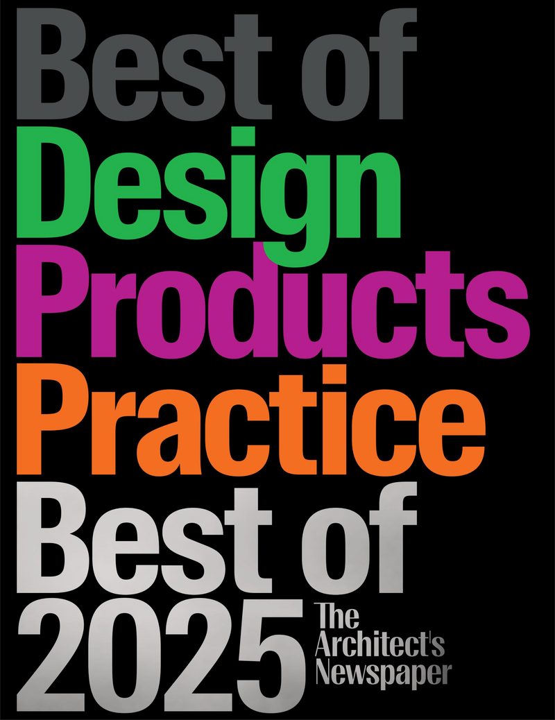 Magazine cover with text 'Best of Design Products Practice Best of 2025 The Architect's Newspaper' on a black background