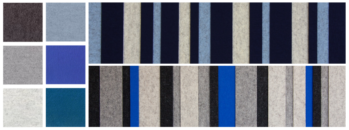 Collage of felt swatches in blues and grays and two Index Dimensional color patterns