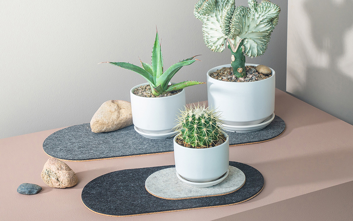 Trio of felt trivets in gray with white ceramic pots and cactuses.