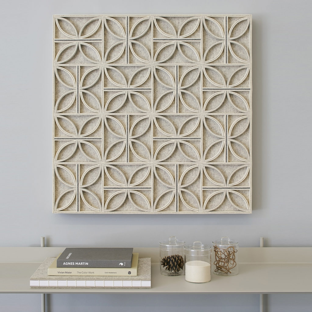 interior decor wall panel with intricate breeze block pattern in neutral colors made from merino wool