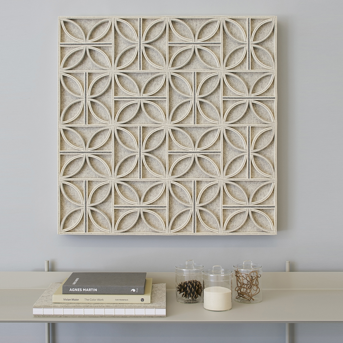 interior decor wall panel with intricate breeze block pattern in neutral colors made from merino wool
