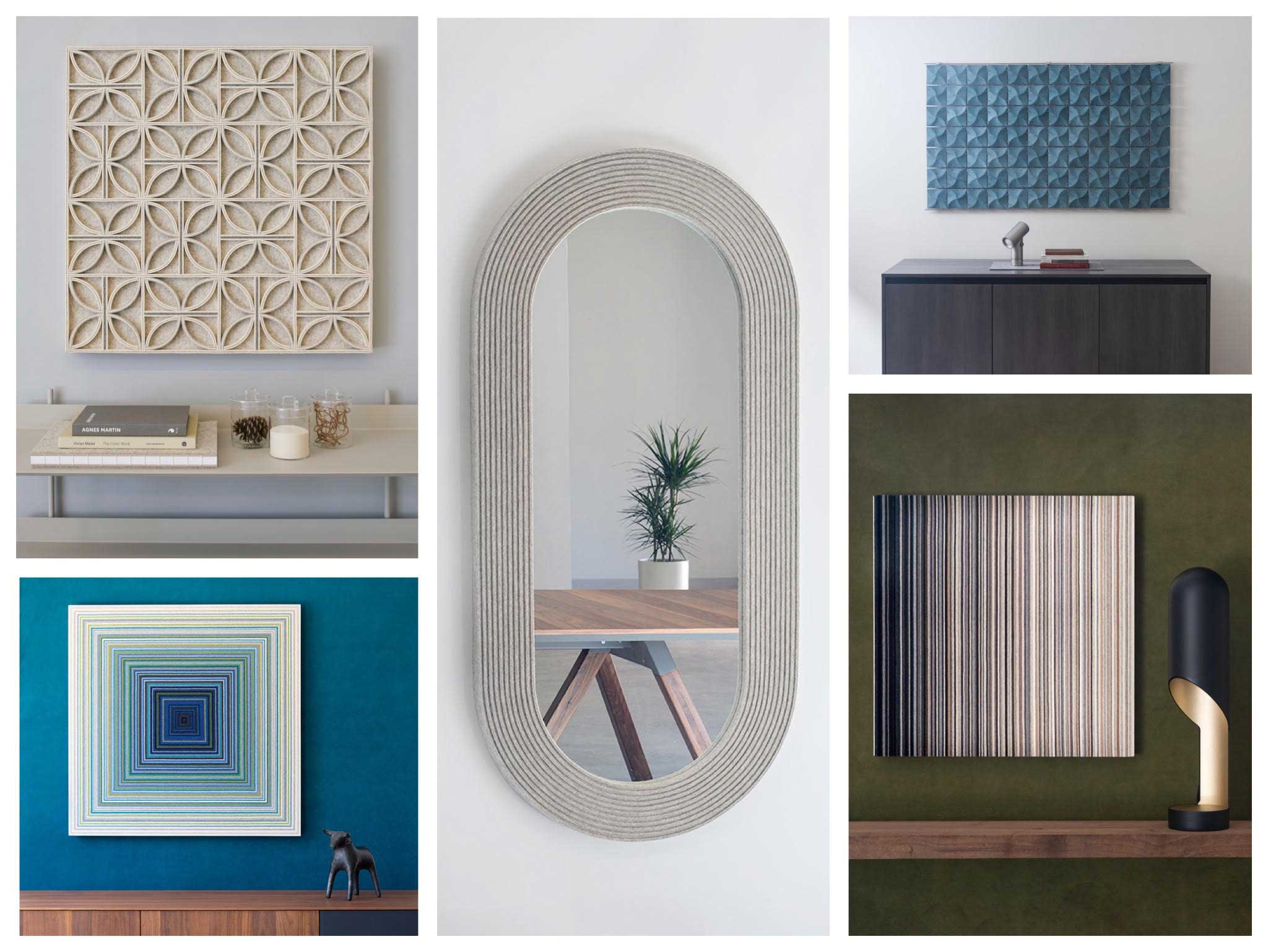 submaterial diade panel in white and grey, construct wallhanging in blue knoll ultrasuede, myth panel in striped wool felt, ojo panel in a blue gradient, and pill wander mirror