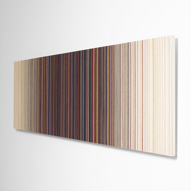 Rectangular felt wall panel with thin vertical stripes gradient from dark purples and pinks at the center to white on the edges, seen at an angle