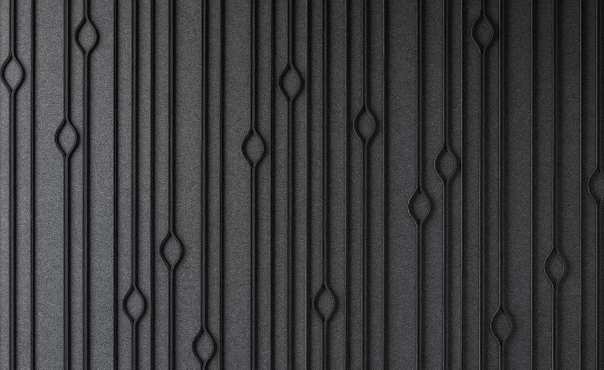 Close up of gray wall covering with vertical lines and occasional raindrop shapes