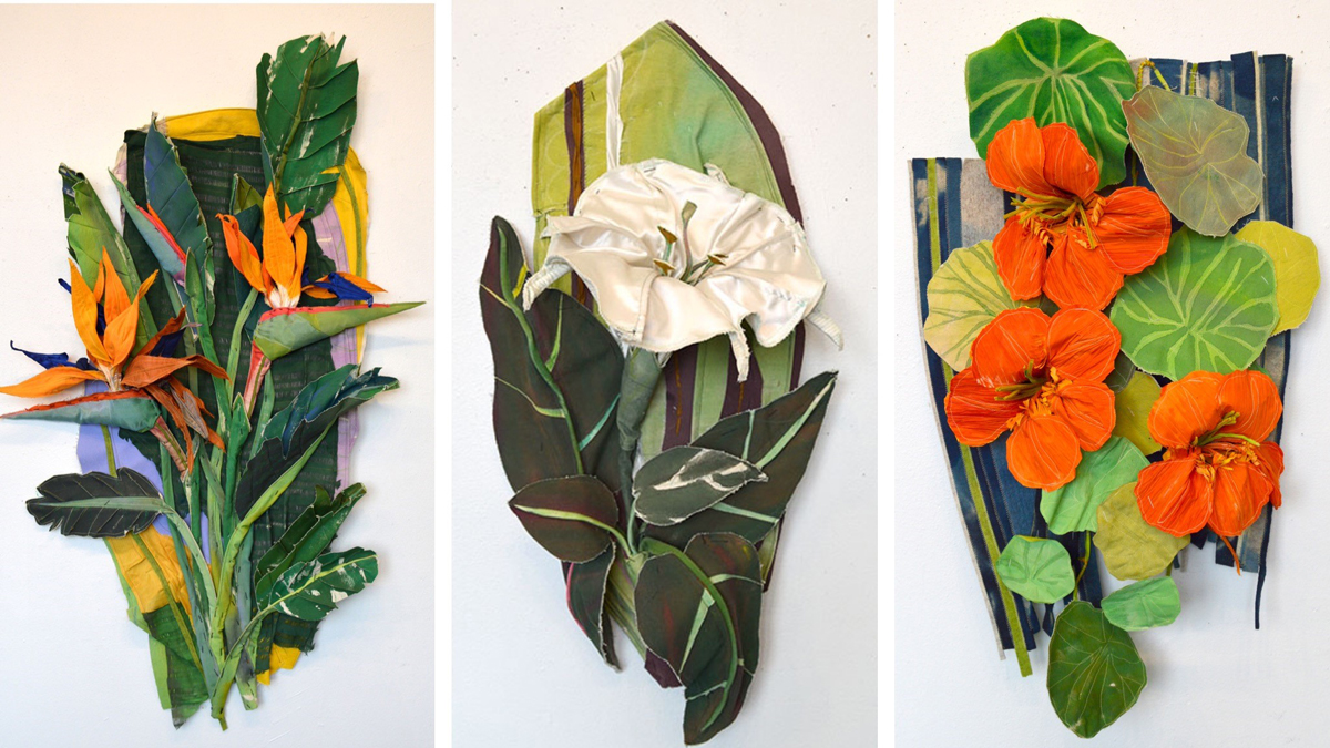 Collage of three 3-dimensional textile art works in the shape of flowers by artist Molly Zimmer
