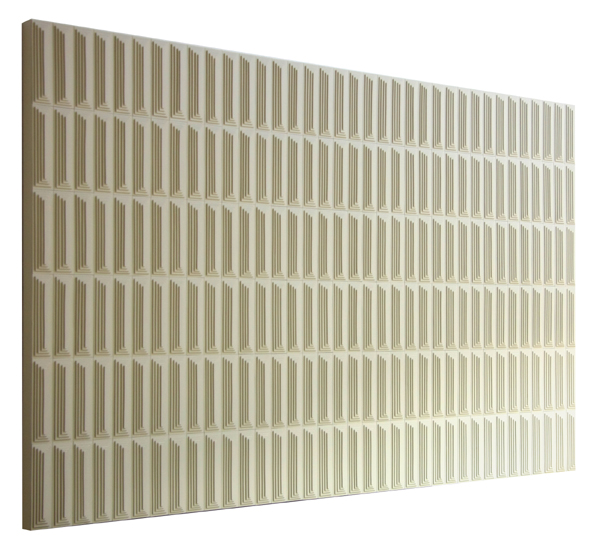 White leather wall panel with built-up surface of concentric rectangles in vegetable-tanned cowhide.