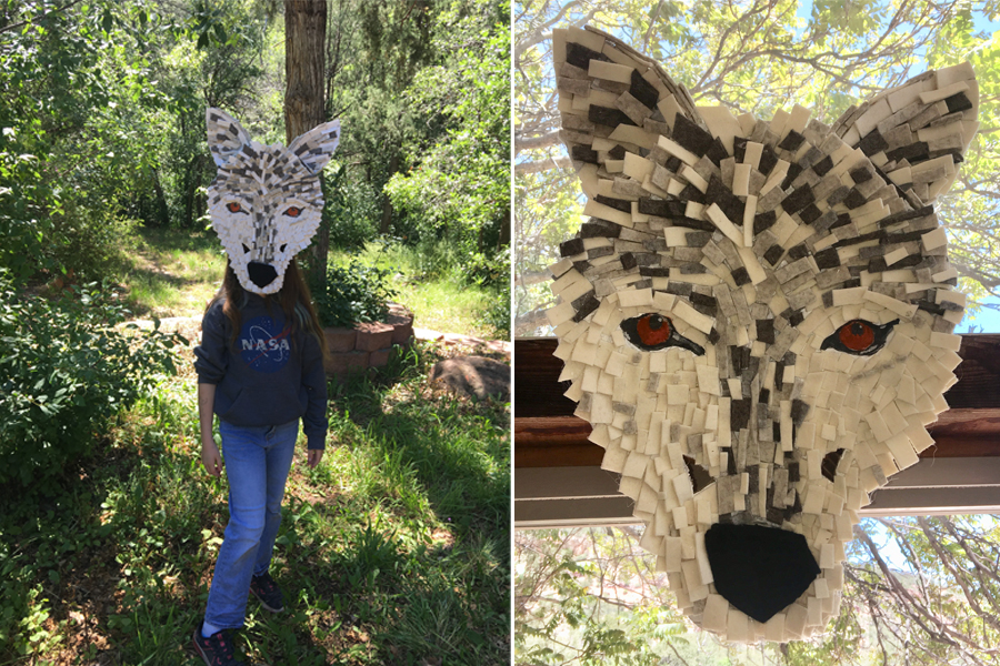 Child wearing a large mask of a wolf made of felt and an photo fo the mask closeup