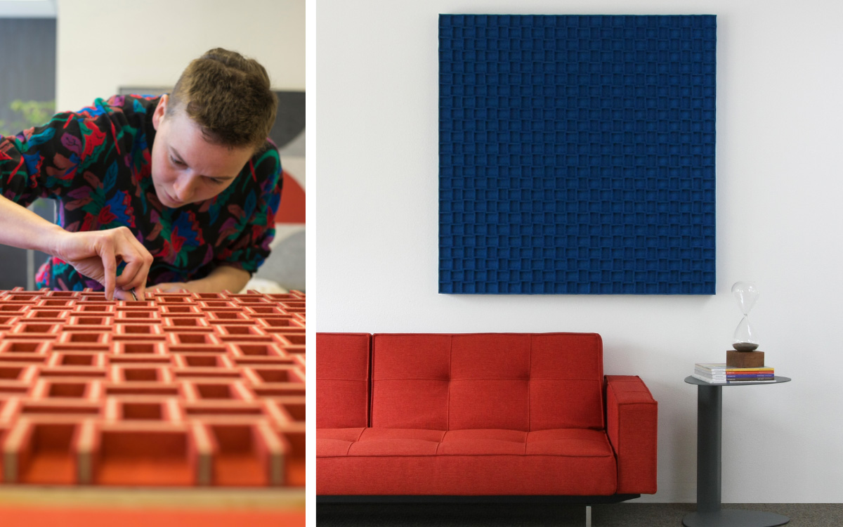 Collage of two images, left is a person with short hair working on a felt panel and the right is a dimensional blue wall panel hung over a red couch