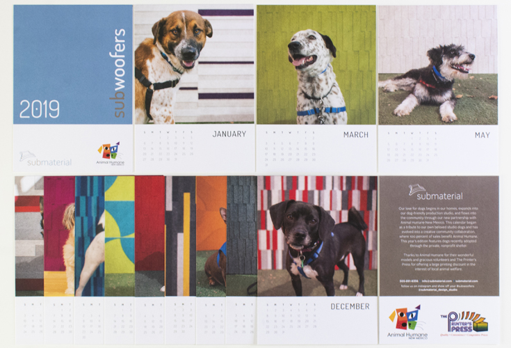 Pages from the 2018 and 2019 Submaterial dog calendar.