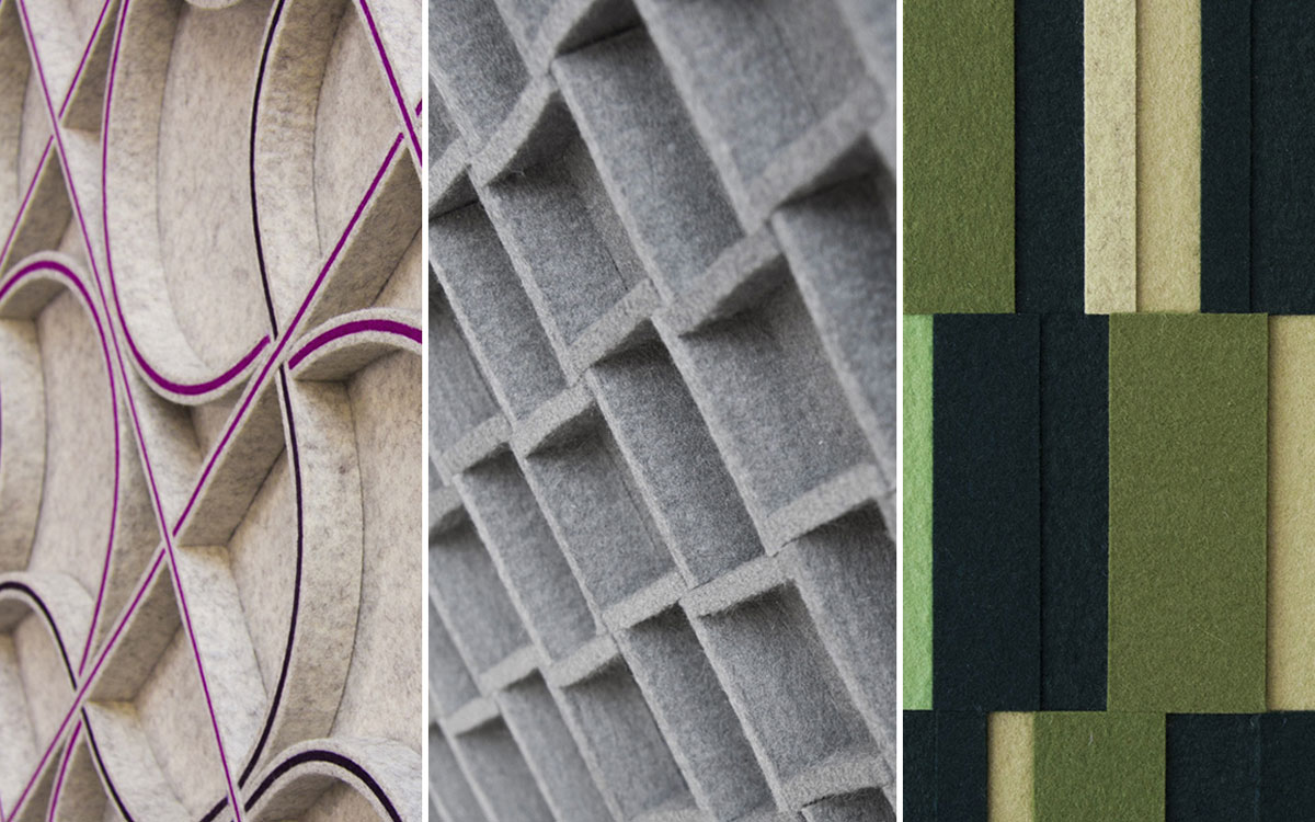 A collage of closeups of 3 Submaterial wool felt wall panels