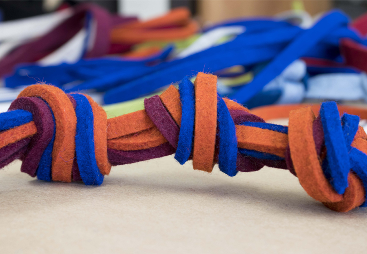 Felt strips in orange, blue, and purple tied into a dog toy.