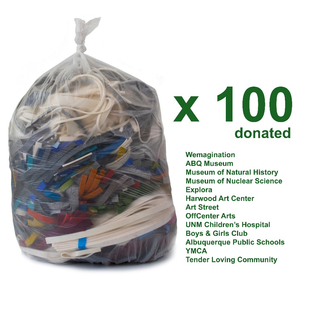 A bag of felt offcuts next to the text that says X100 donated and lists some of the places Submaterial has donated scraps.