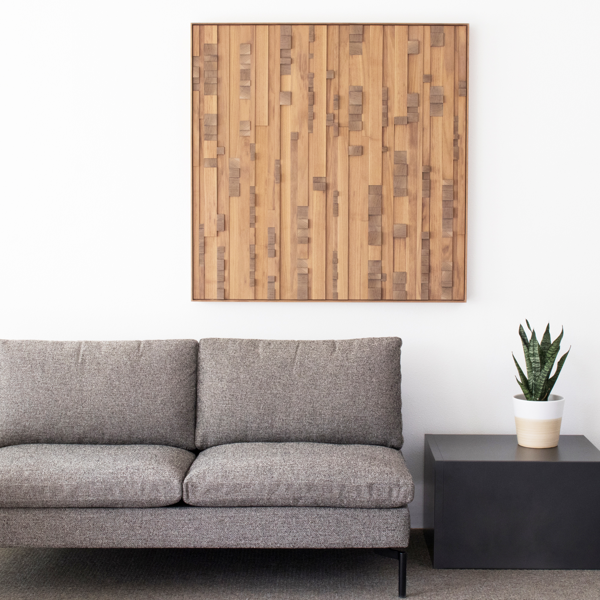 Square wood wall panel in a home setting