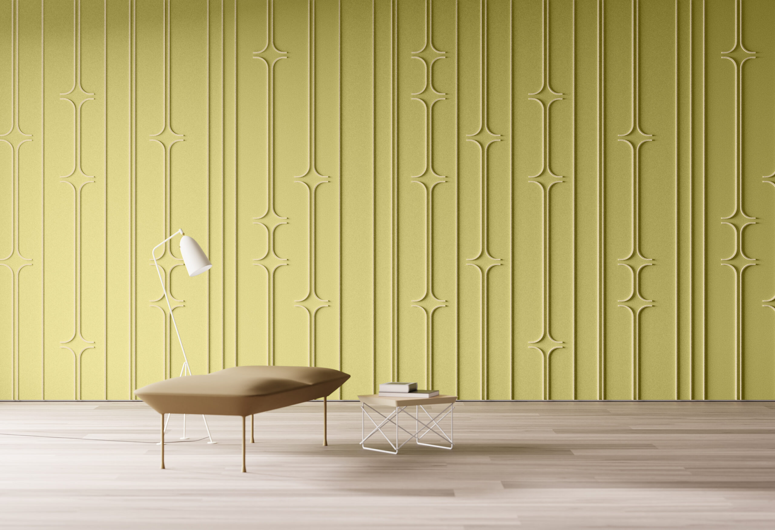 An office space with a cream felt wall covering with alternating vertical rectangular shapes.