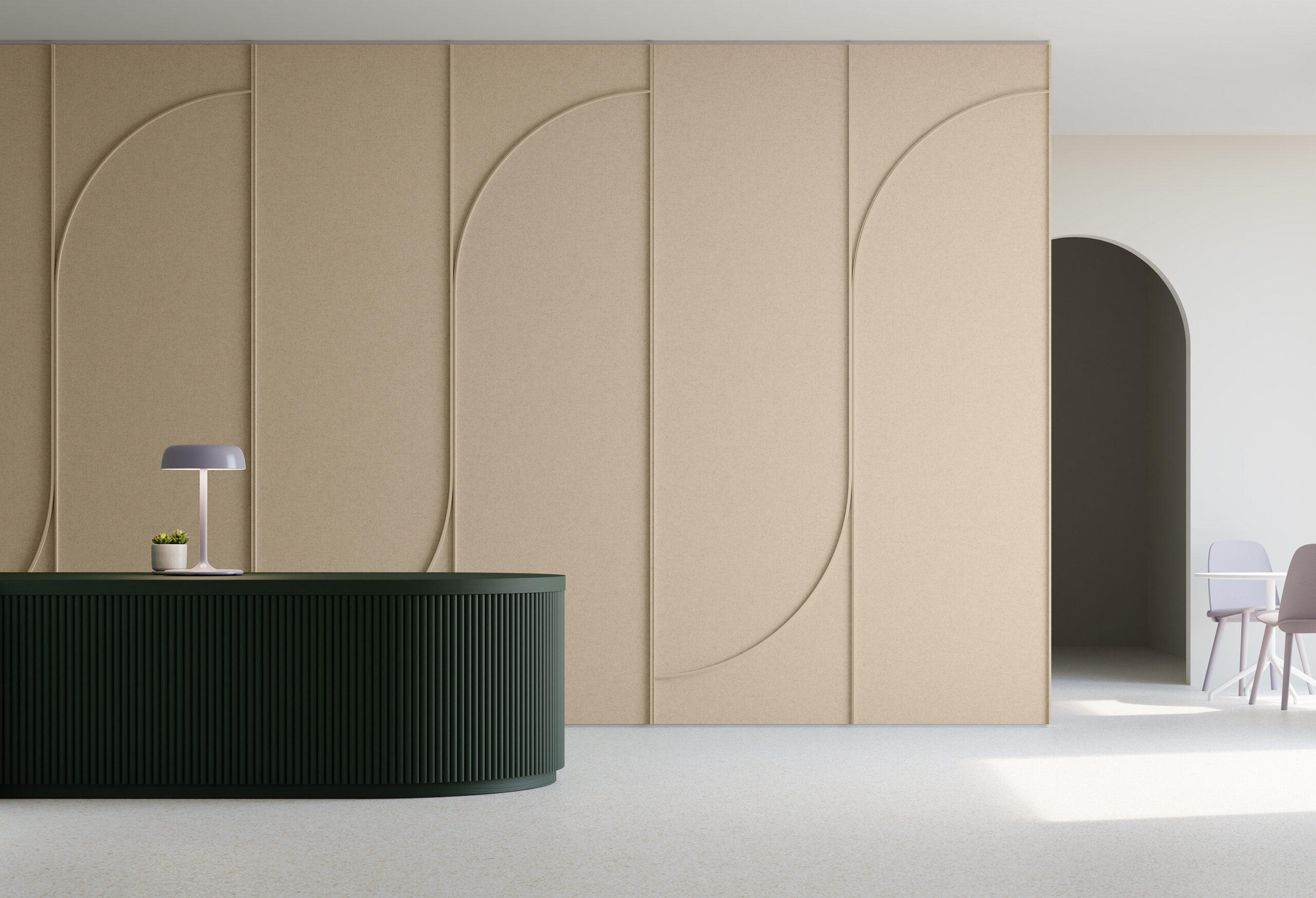 A wall covered in acoustic felt in a tan color with vertical lines and a single soft curve per panel. There is a reception desk at the left with a plant and purple lamp, and at the right, an arched doorway and a small table and chair.